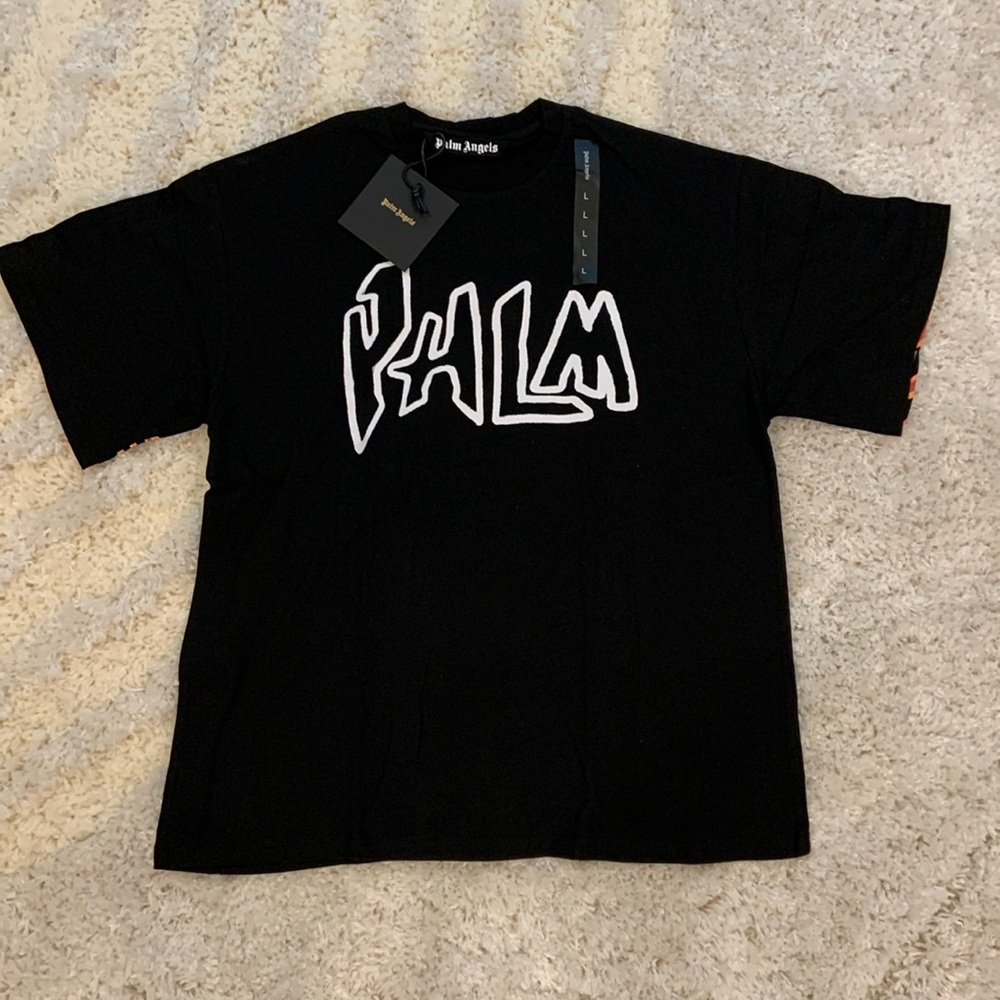 Palm Angels Flames Back Logo Black T-Shirt Mens Size Large